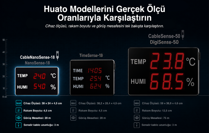 Huato sıcaklık ve nem göstergelerinin boyut ve görüş mesafesi karşılaştırması